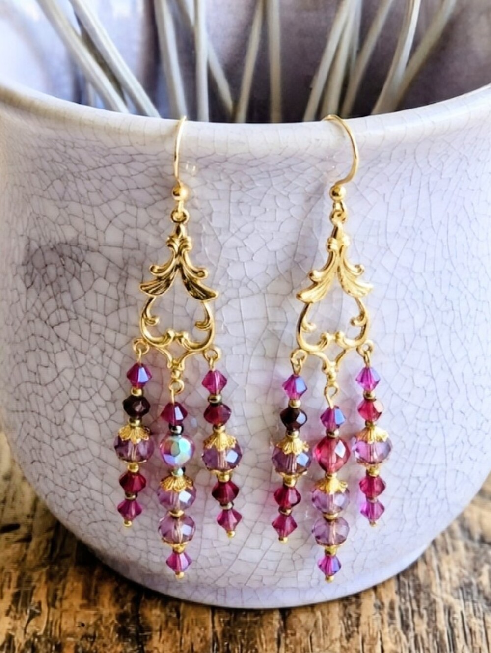 Victorian Festive Chandeliers In Hibiscus Fuchsia  In Artisan Handmade Earrings